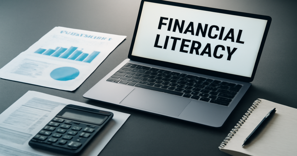 An image representing финансовая грамотность with financial tools and documents in a professional setting.