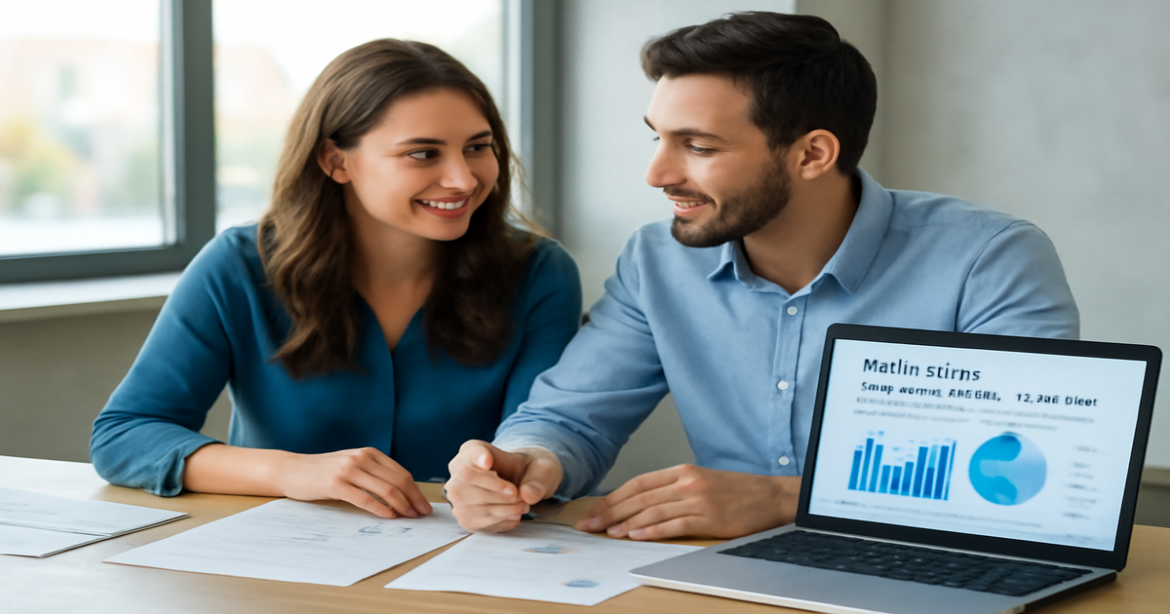 Image of a young couple exploring ипотека для молодых семей options in a bright, professional office.