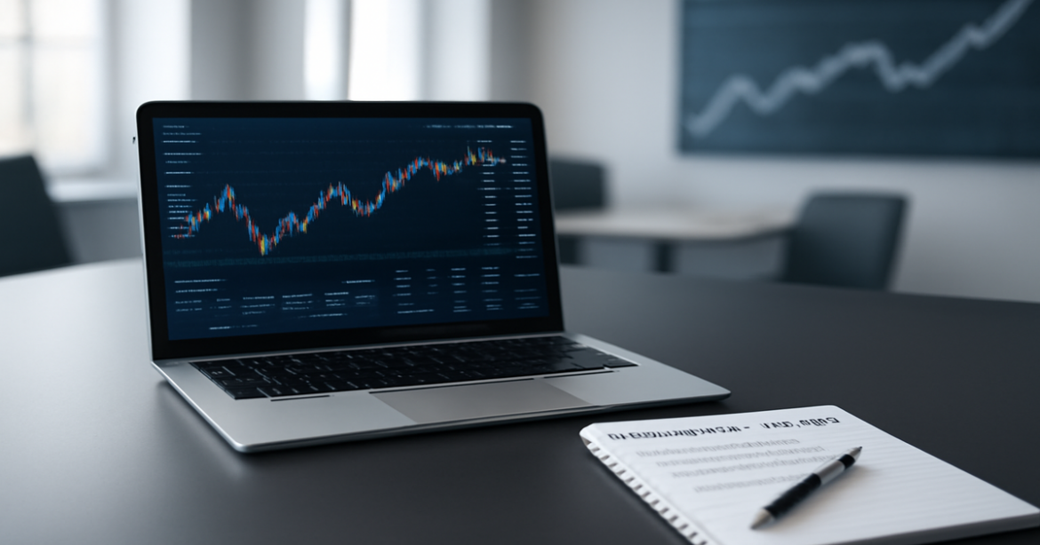 Professional image illustrating инвестирование в акции with financial charts and a laptop.