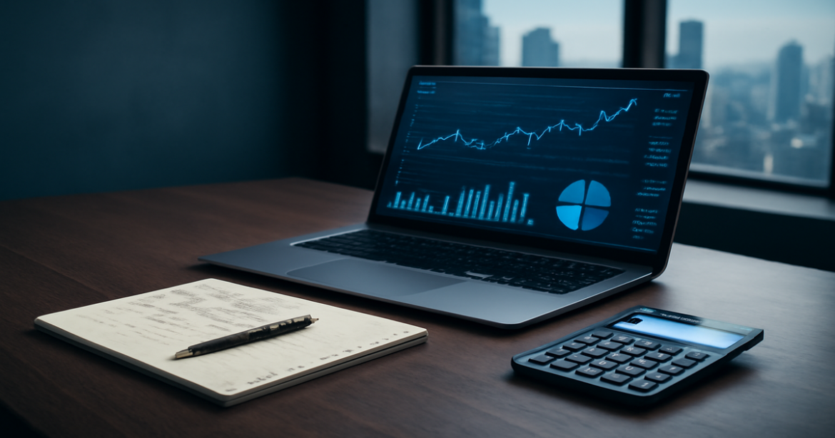 Professional workspace showcasing investment portfolio planning with graphs and financial tools.