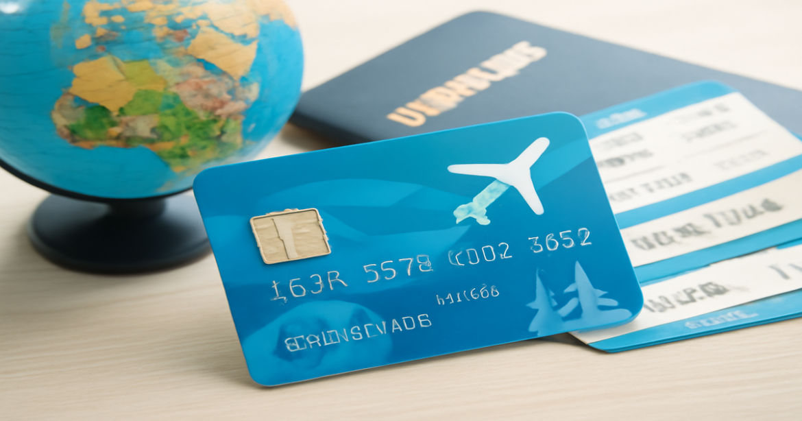 A travel-themed credit card for путешествий, surrounded by travel essentials like a globe and passport.