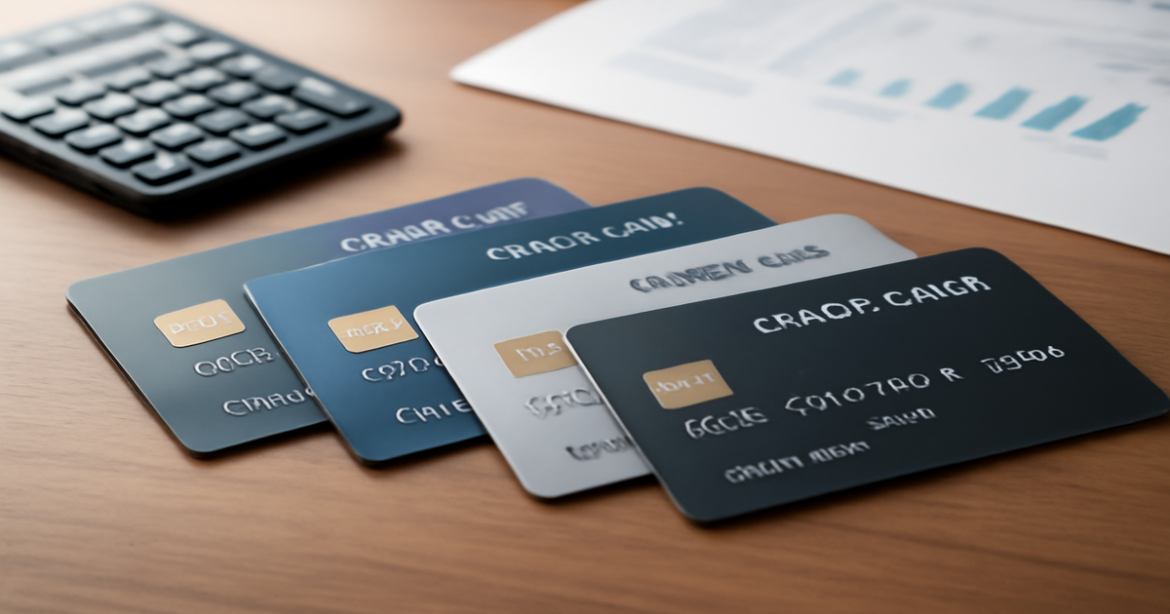 A selection of кредитные карты on a desk, symbolizing smart financial choices.