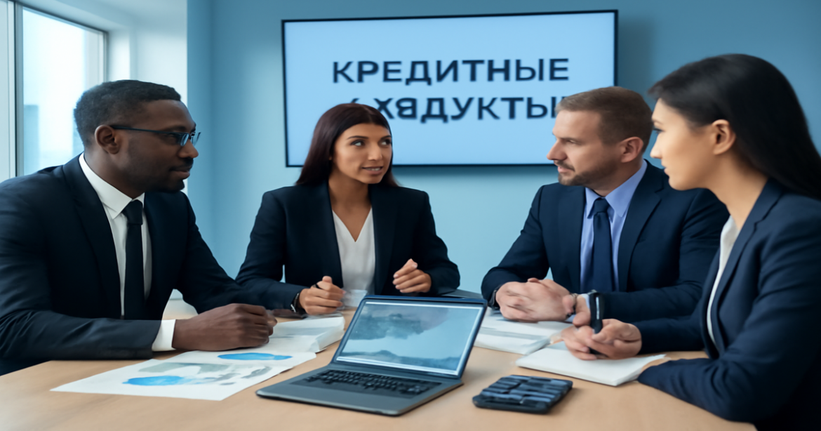 An insightful scene illustrating financial advisors discussing кредитные продукты in a professional office environment.