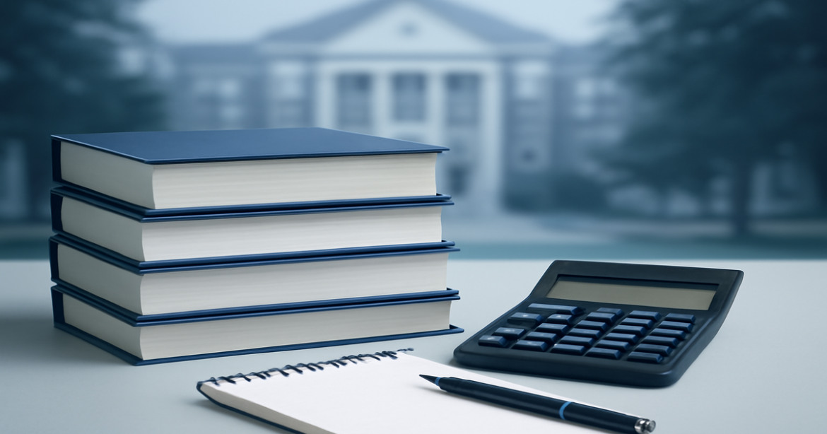 A professional image illustrating кредиты на образование with books, a calculator, and a university background.