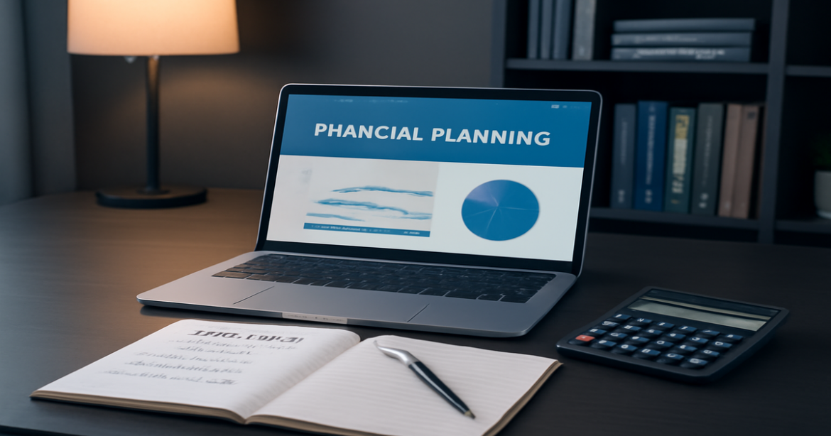Professional image illustrating financial literacy with a laptop and planning tools in a modern workspace.