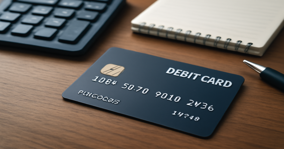 High-quality image of a debit card on a desk, representing banking and finance in 2026.