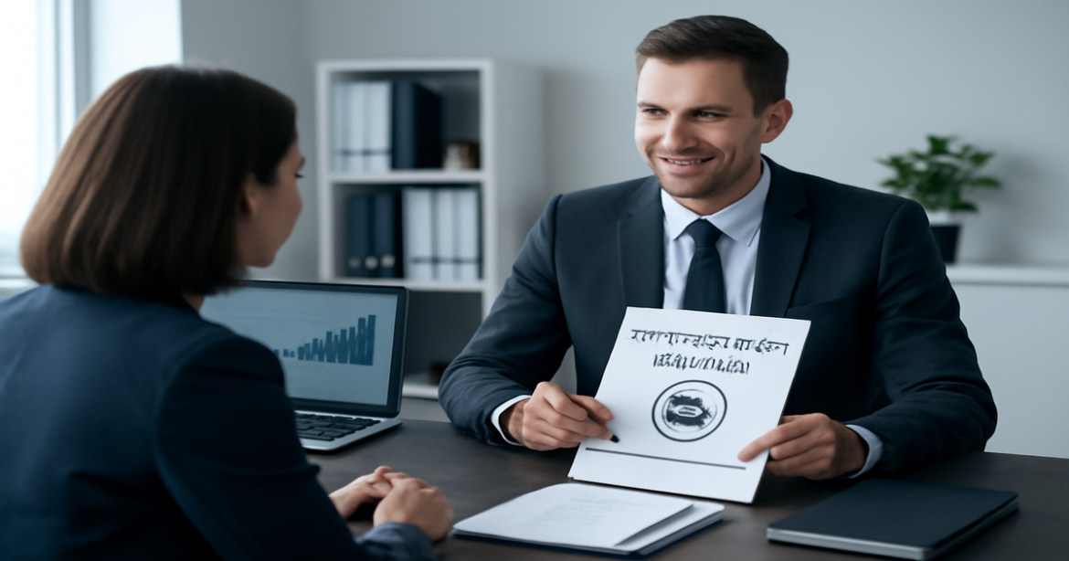 Professional image related to страхование жизни, depicting a financial advisor discussing policies.