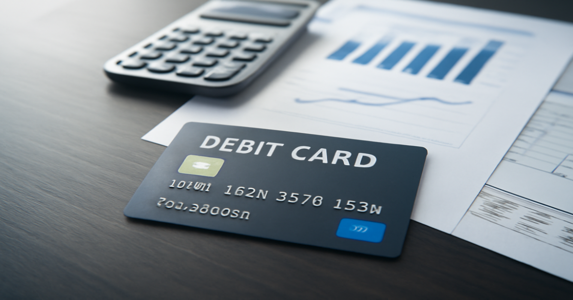 Professional image illustrating выбор дебетовой карты with financial documents and a calculator.