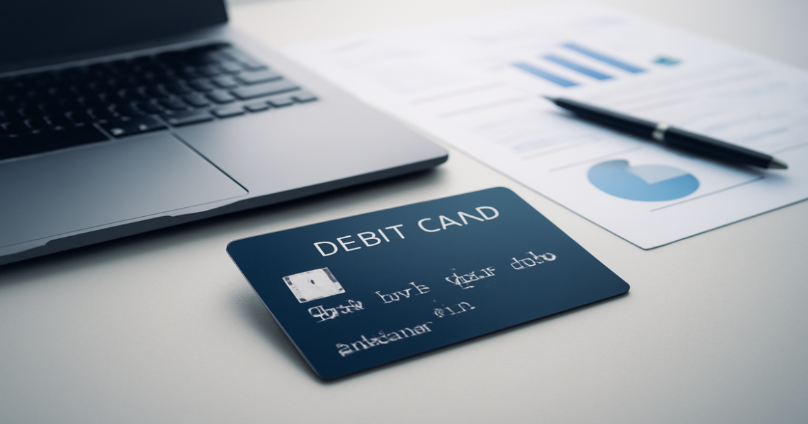 Professional image of a debit card on a desk representing financial management and control.