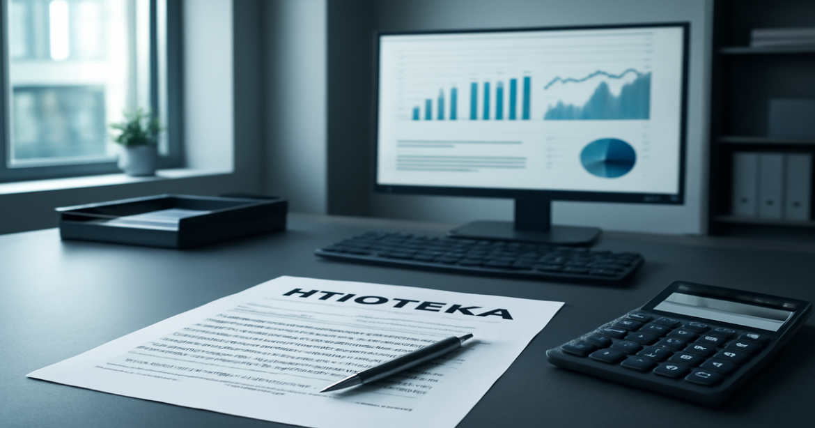 Professional image illustrating ипотека with banking documents and calculator in a modern office setting.