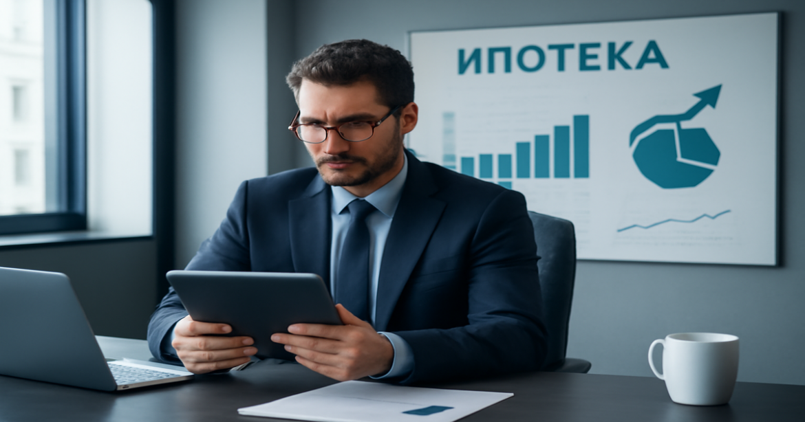 Professional image illustrating ипотека and mortgage options in a modern office setting.