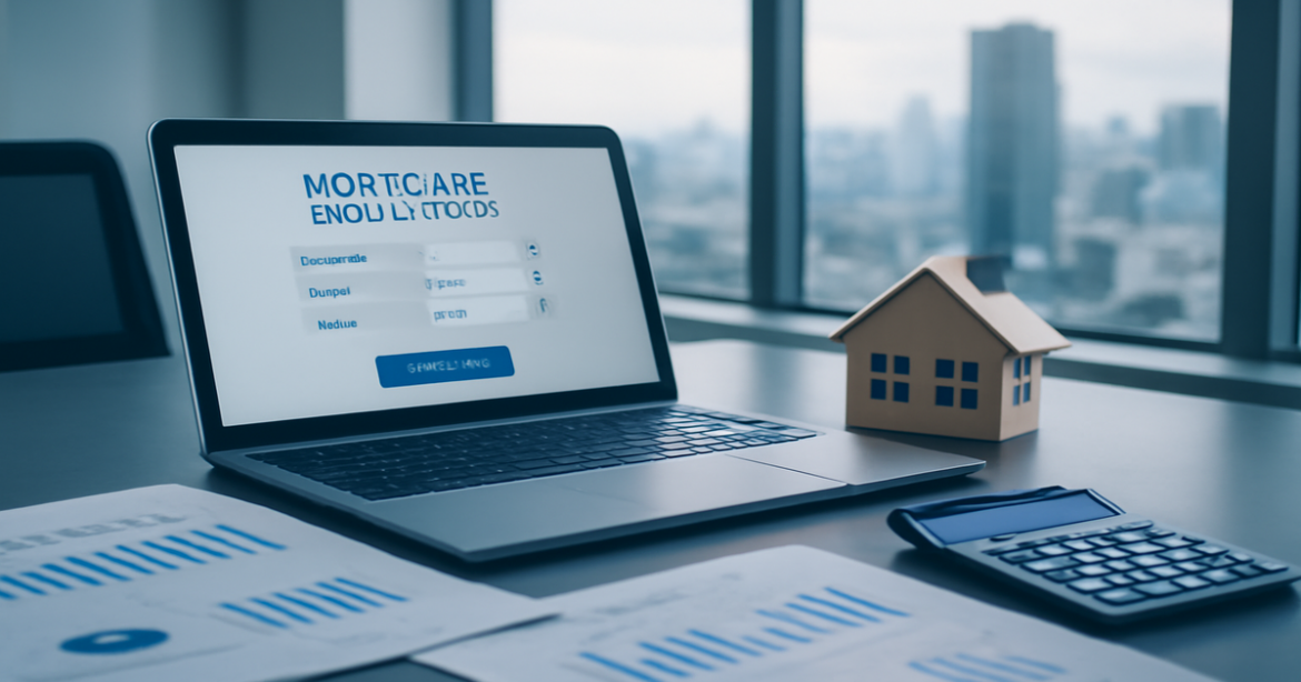 Professional mortgage consultation scene representing ипотека with finance documents and a city view.