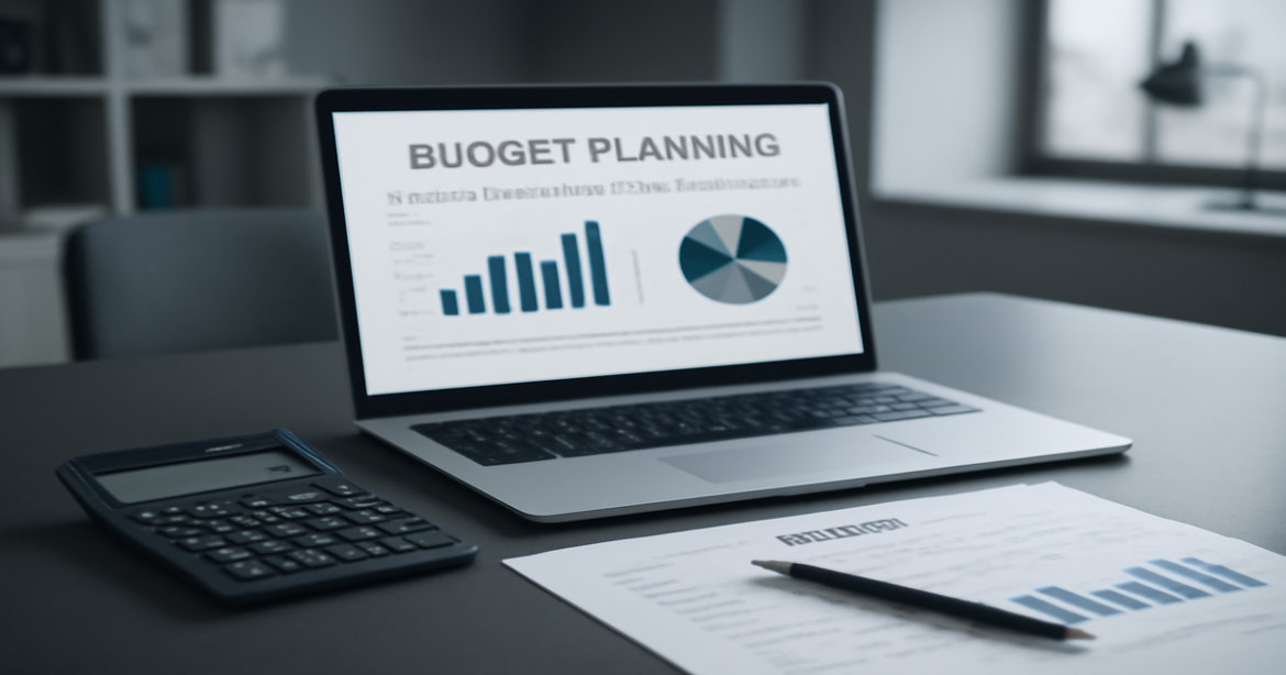 A professional workspace illustrating планирование бюджета with financial tools and documents.