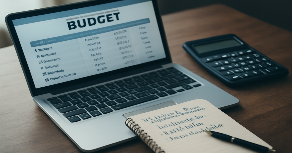Image illustrating финансовая грамотность with a budgeting workspace, enhancing financial planning themes.