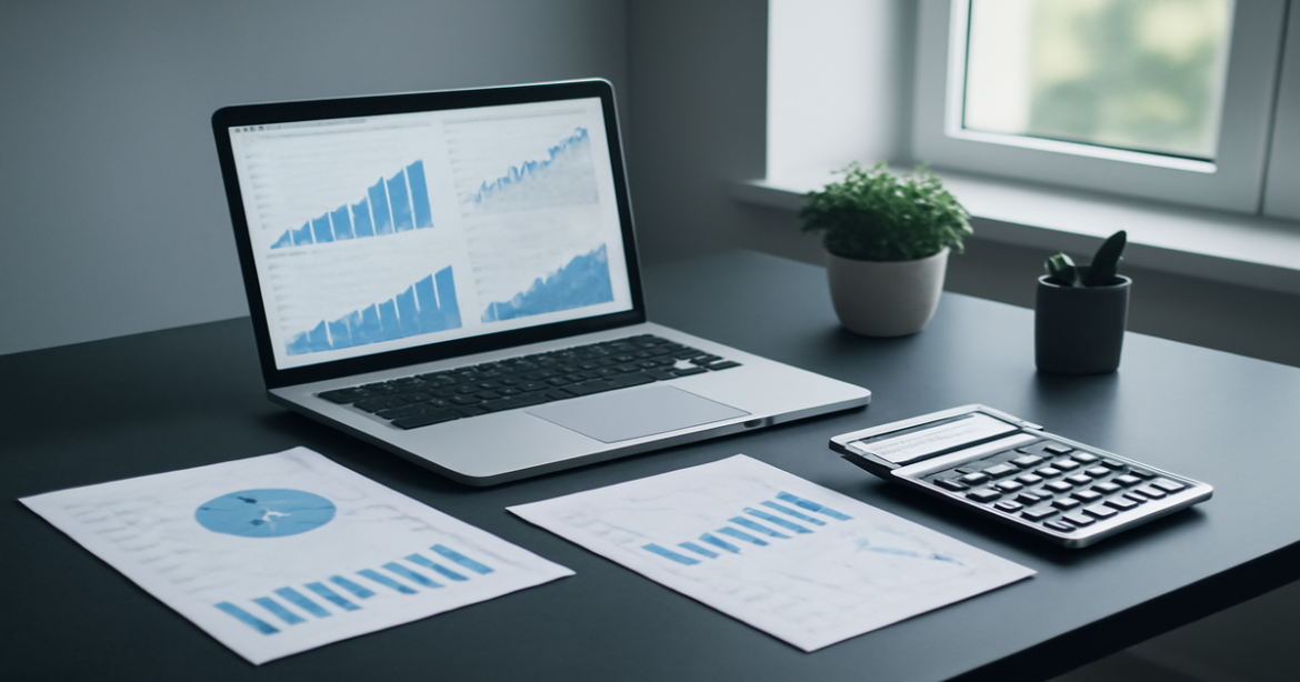 A professional workspace illustrating финансовая грамотность with finance tools and charts.
