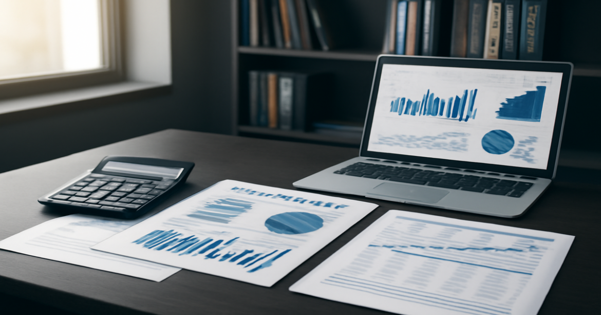 Professional financial planning workspace with documents and charts, embodying financial planning.