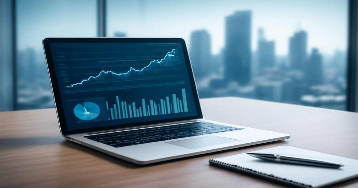 Professional image depicting investments with financial charts and a modern workspace.