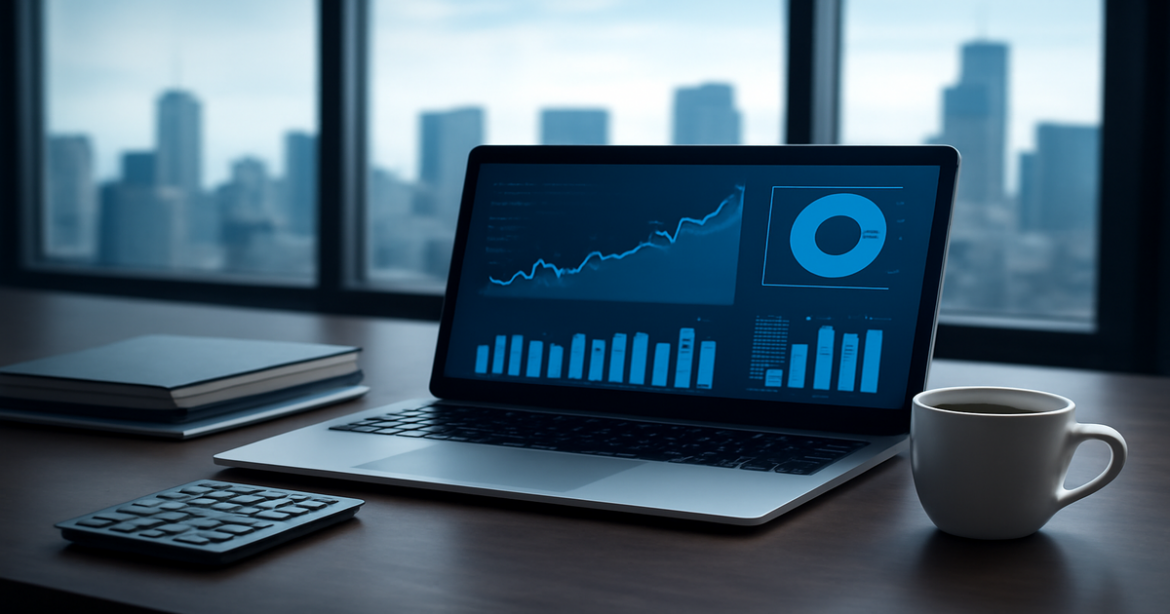 Investing for beginners: a modern workspace with financial tools and city skyline.
