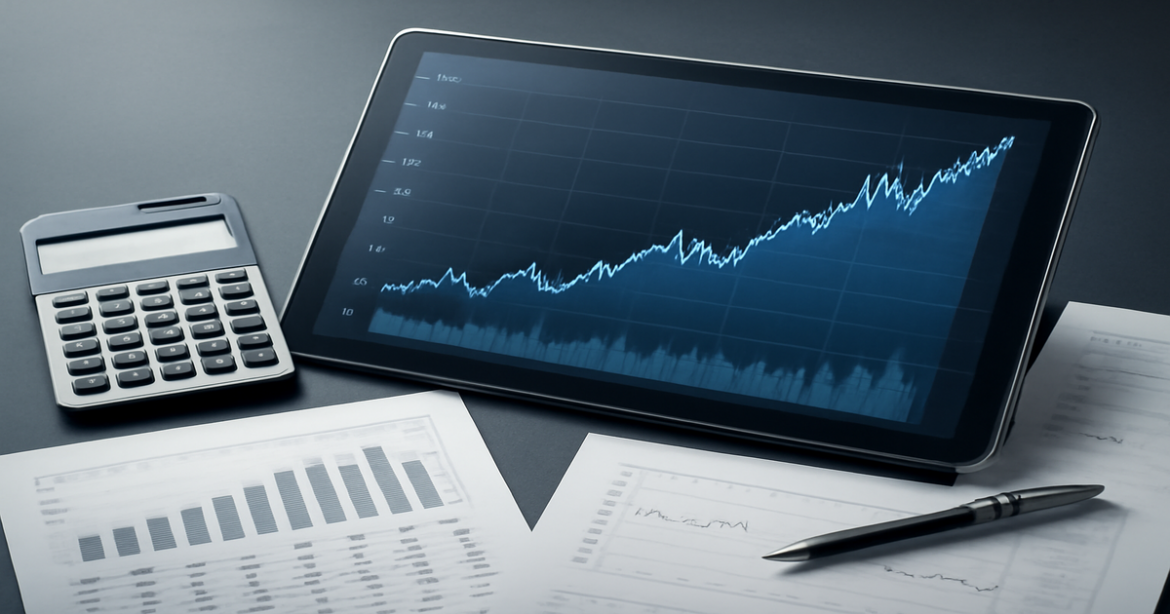 A professional image illustrating инвестиции в акции with a stock market graph and financial documents.