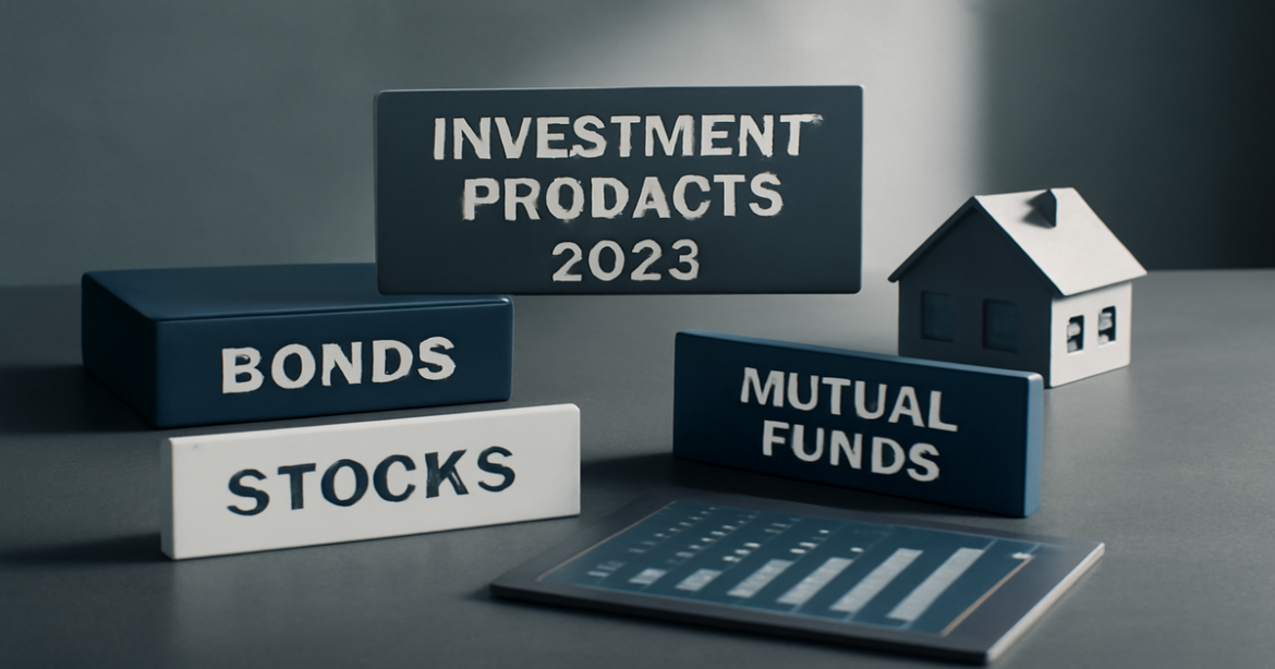A professional image showcasing various инвестиционные продукты for 2023, including stocks, bonds, and real estate.