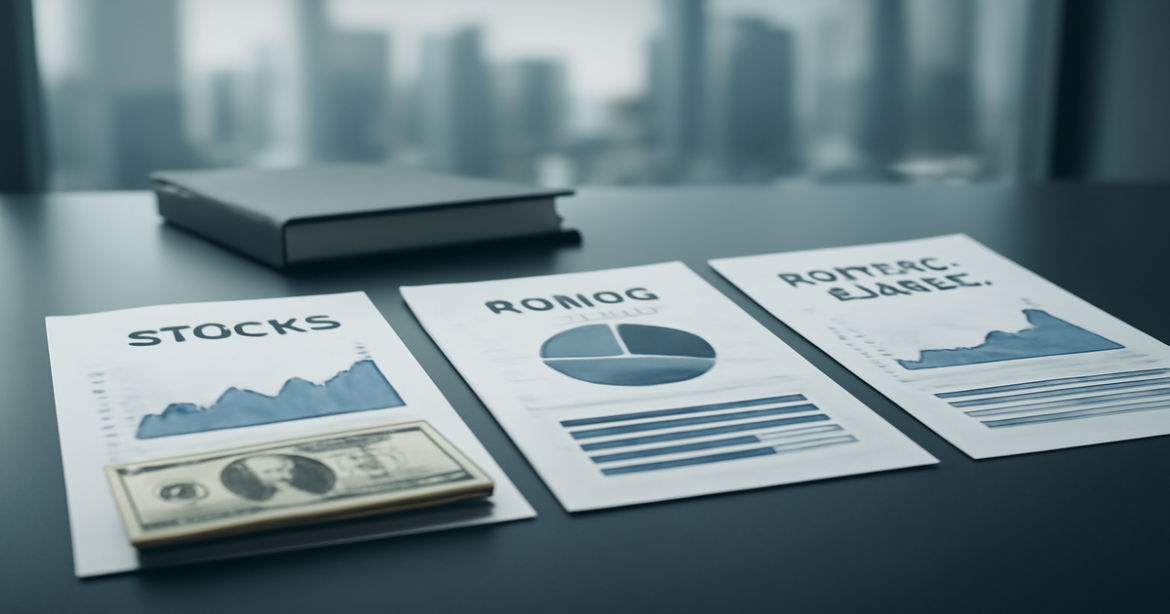 Investitionnye produkty on a modern desk, showcasing options for novice investors.