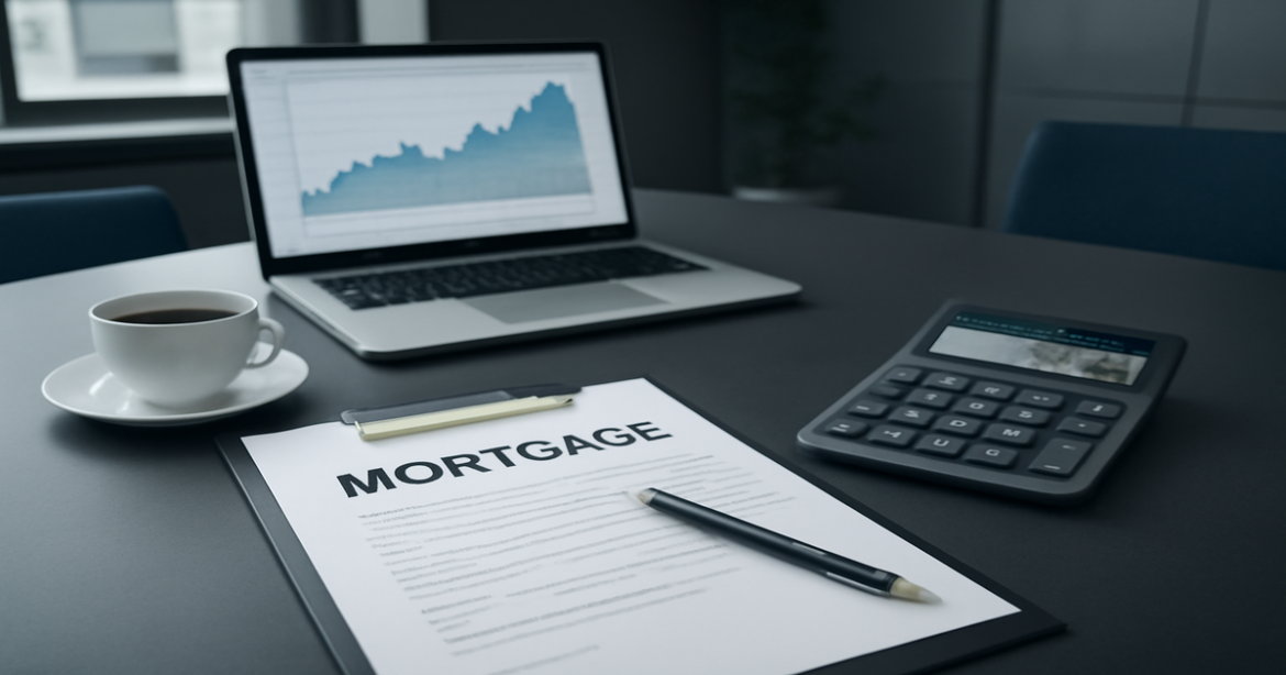 Professional image representing ипотека in 2023 with mortgage documents and financial tools.