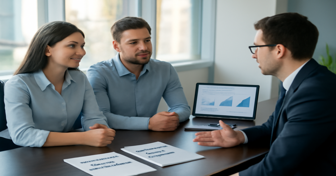 Image of young couple discussing ипотека для молодежи with a financial advisor in a modern office.