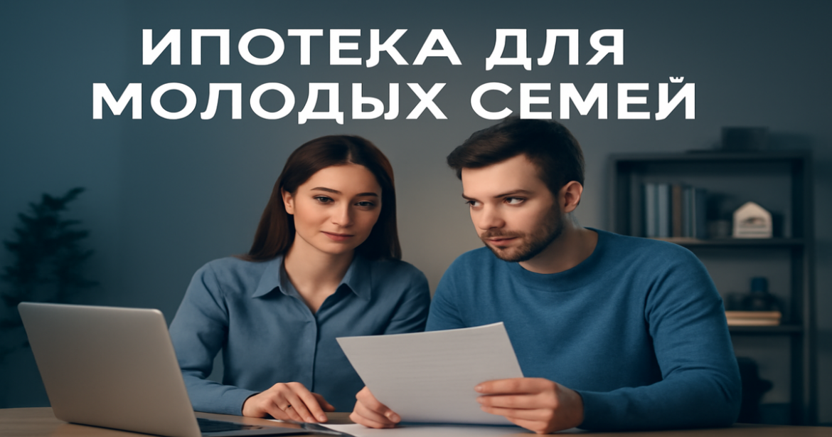 Young couple reviewing mortgage options for 'ипотека для молодых семей' in a stylish office.