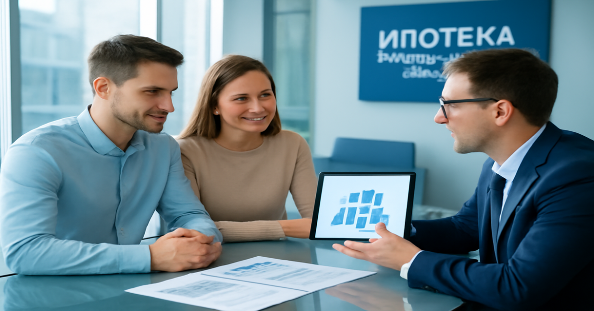 Professional image illustrating ипотека для молодых семей in a modern bank setting.