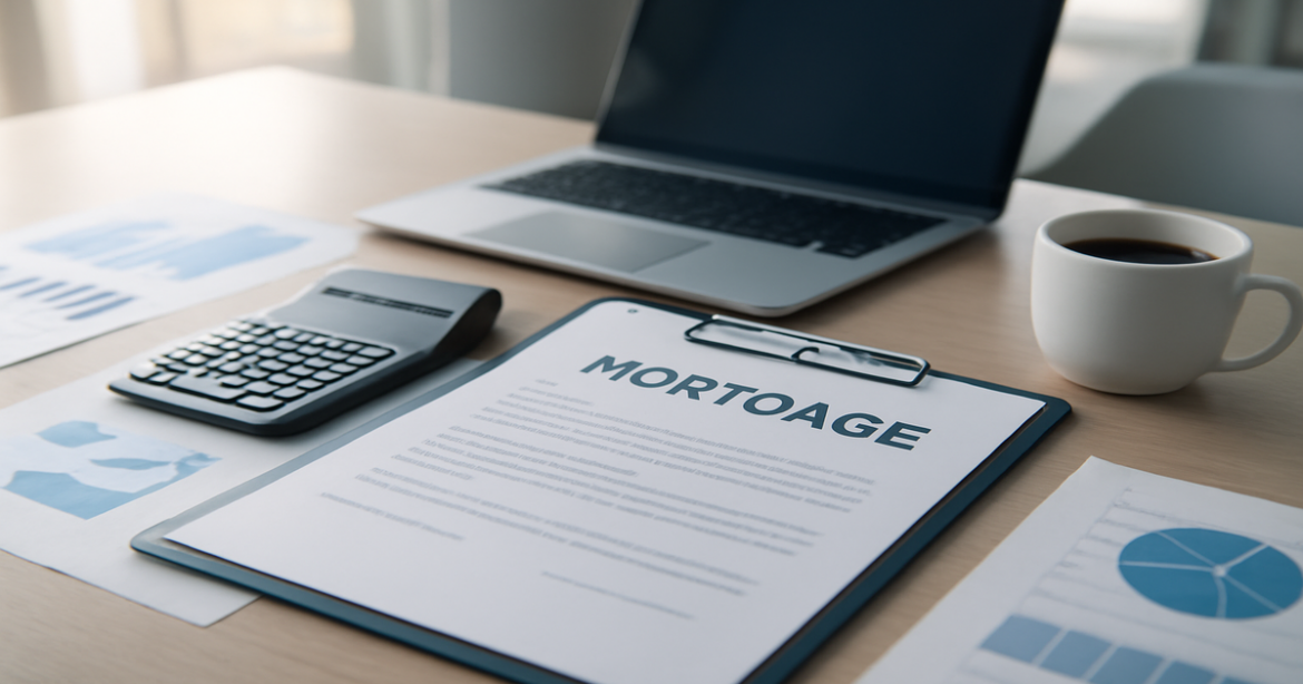 A professional office scene highlighting mortgage documents and finance, illustrating ипотека.