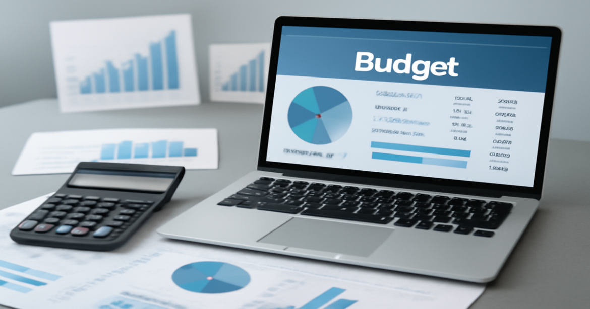 A professional image illustrating financial planning, featuring budgeting tools and reports.