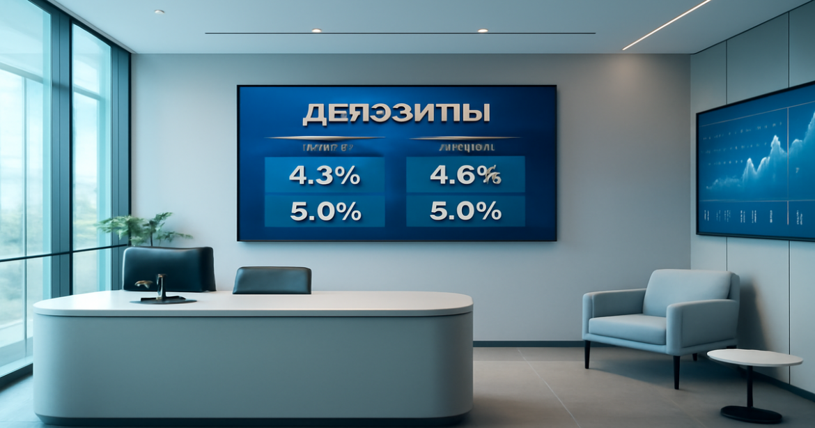 Modern bank interior showcasing deposit options and financial charts, emphasizing надежные депозиты.