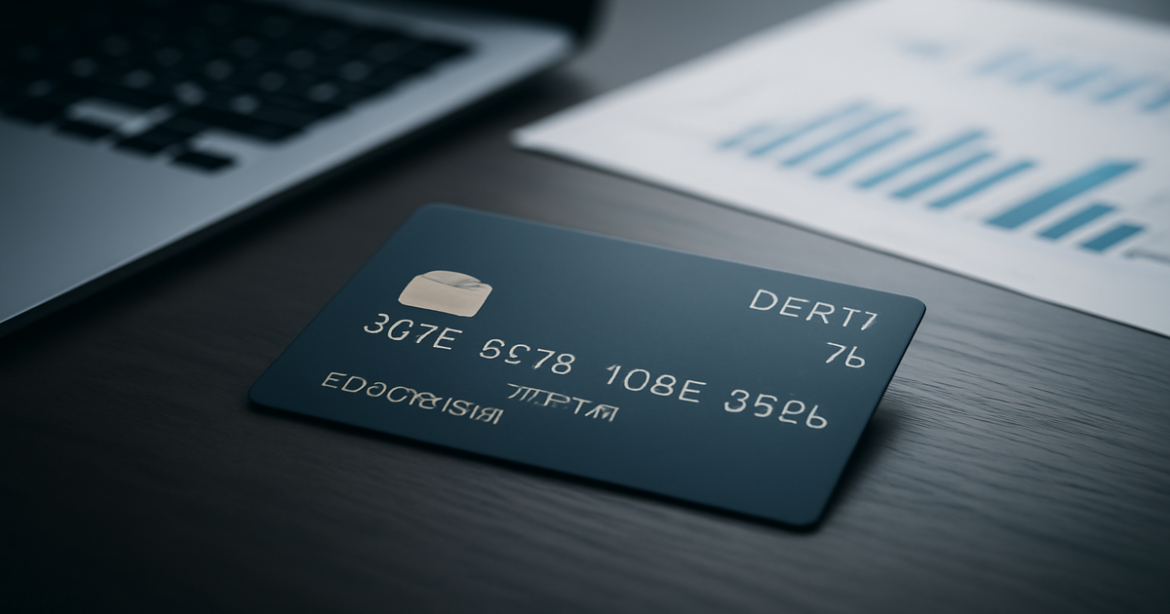 A modern debit card on a desk, symbolizing banking and finance for online applications.