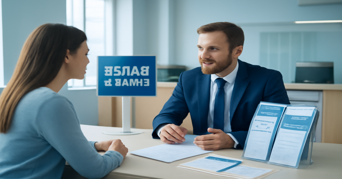 A professional bank interior illustrating options for 'вклад в банке' with a focus on trust and finance.