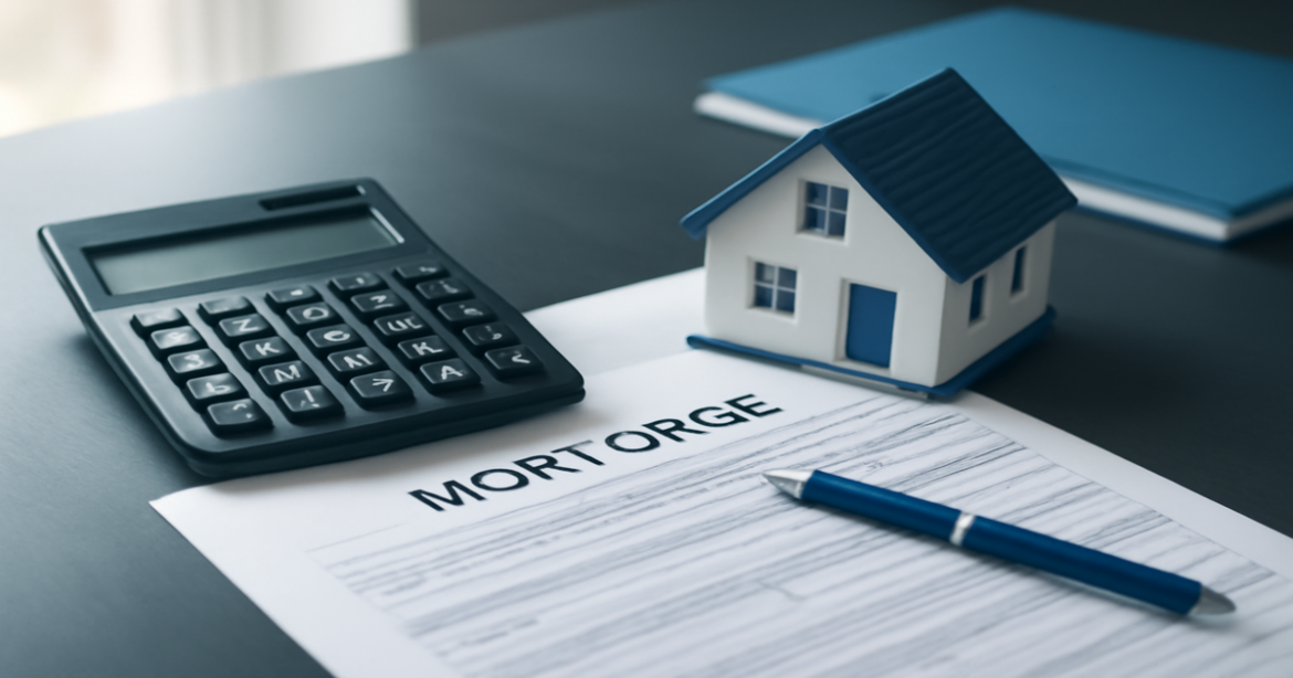 Professional image illustrating mortgage calculation tools and documents, highlighting ипотека.