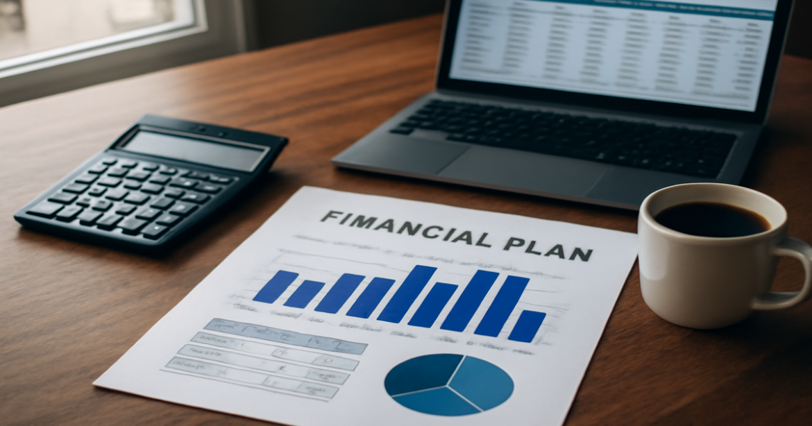 Professional workspace illustrating a финансовый план to manage finances and achieve goals.