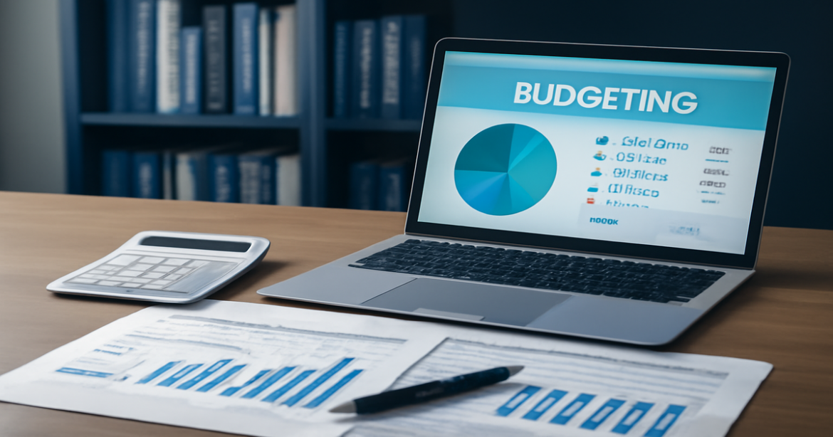 A professional workspace illustrating финансовая грамотность with finance documents and budgeting tools.