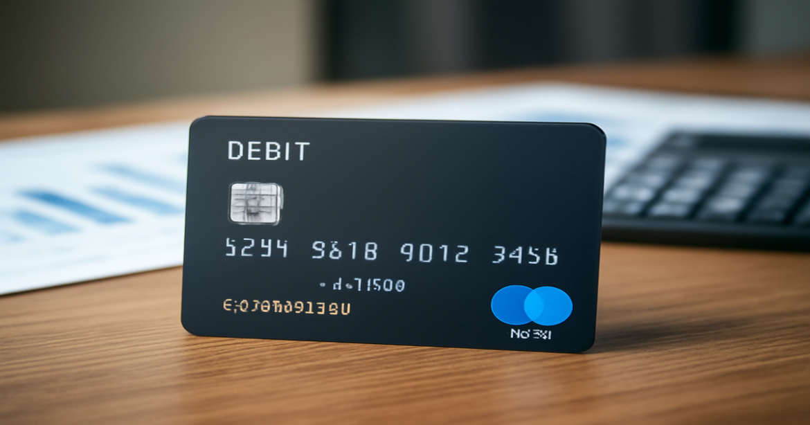 A sleek debit card on a desk, symbolizing financial choices in 2023.