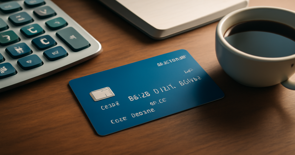 A debit card on a desk with financial tools, perfect for understanding daily expense management.