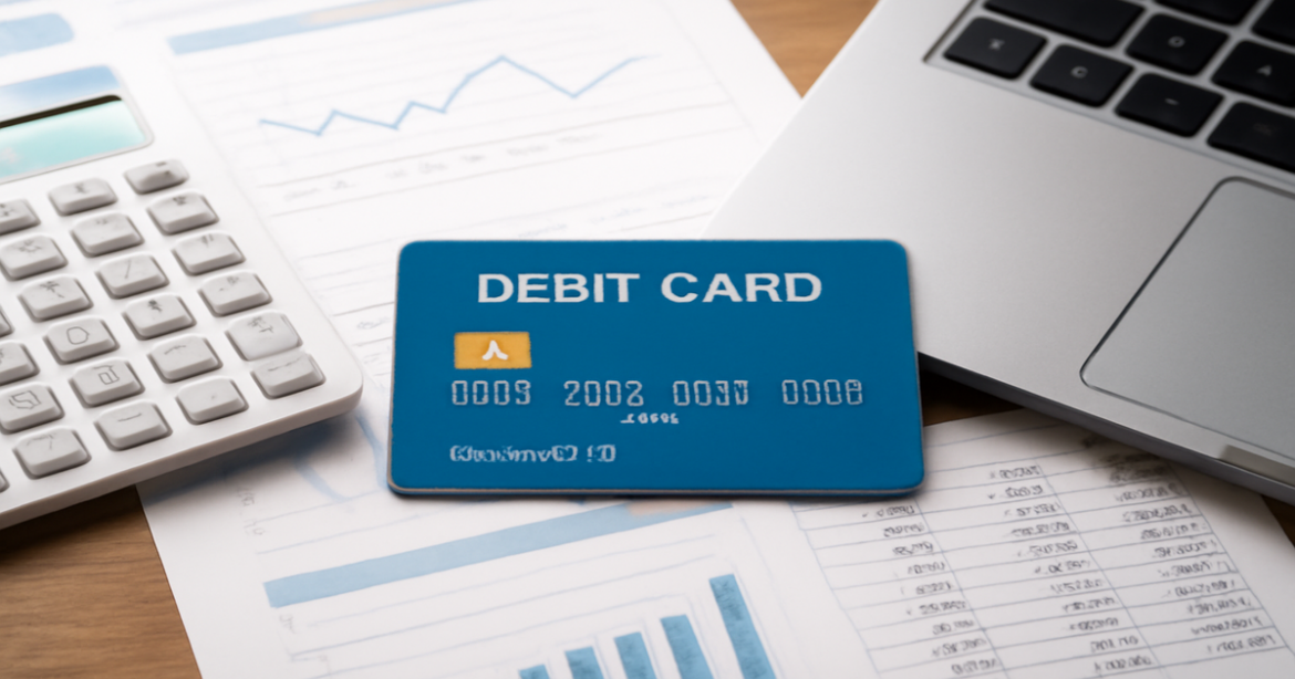 Professional image of a debit card with financial tools, perfect for an article on debit card selection.