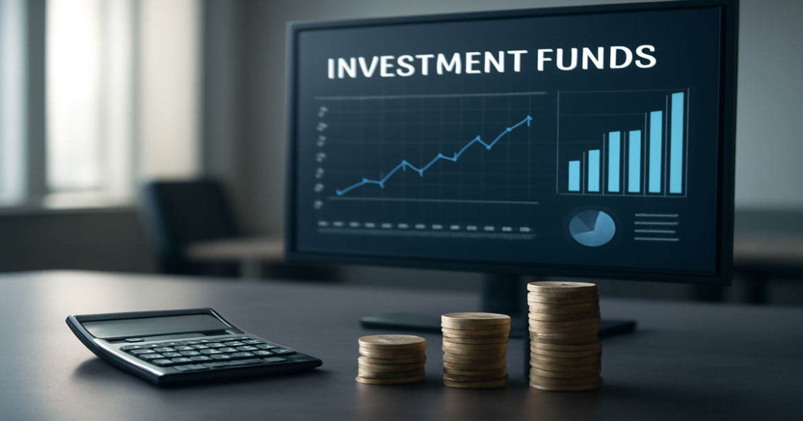 A professional image representing инвестиционные фонды with financial charts, a calculator, and coins.