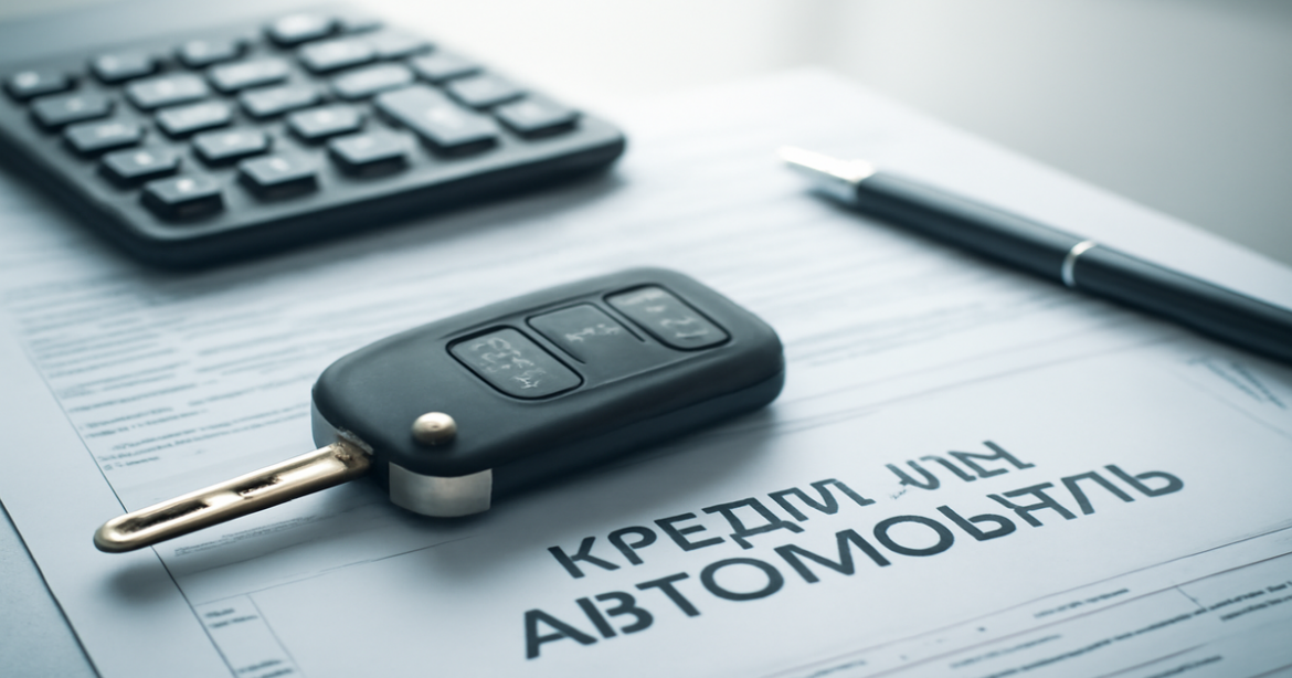 An image depicting the process of selecting a кредит на автомобиль with financial documents and a car key.