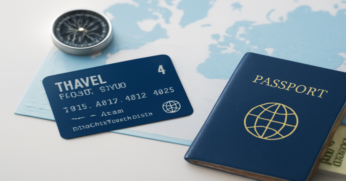 A credit card for travel, passport, and map in a professional flat lay, symbolizing travel finance.