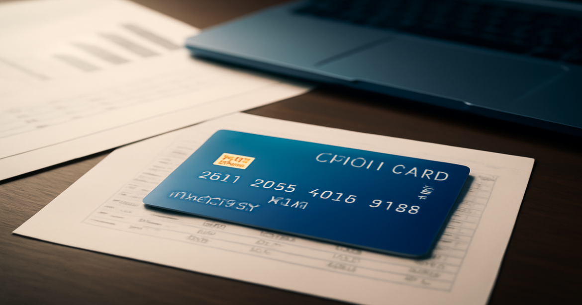 High-quality image of a кредитная карта on a desk with financial documents, symbolizing banking and finance.