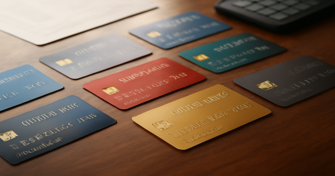 Credit cards displayed on a wooden desk, representing choices in credit cards for 2023.