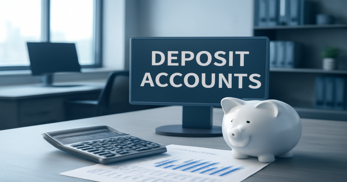 A modern bank office scene highlighting депозитные счета with financial documents and a piggy bank.