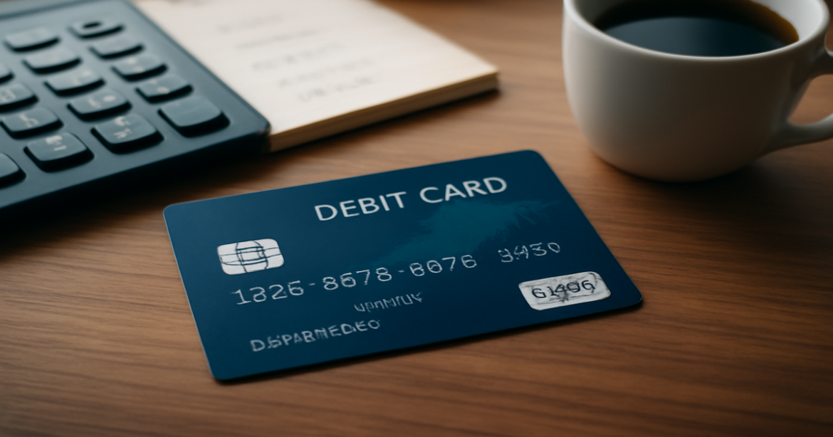 A debit card on a desk with financial tools, symbolizing everyday spending choices.