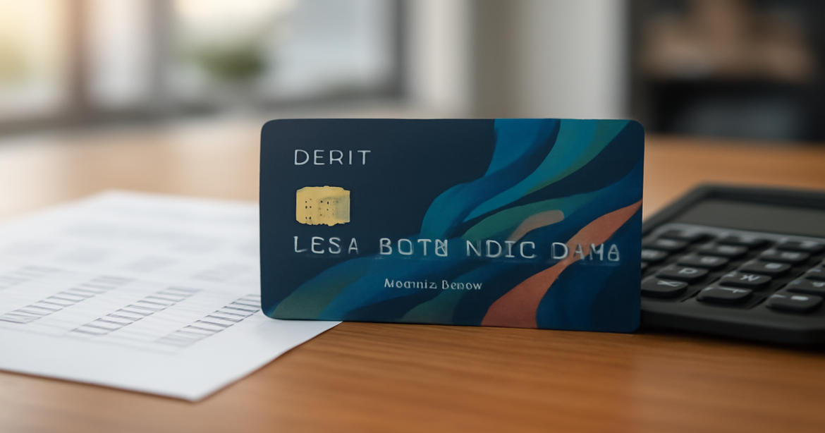 A modern debit card on a desk, symbolizing financial literacy and banking choices.