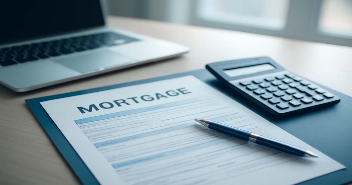Professional image illustrating mortgage documents in a bank setting, relevant to ипотека and real estate.