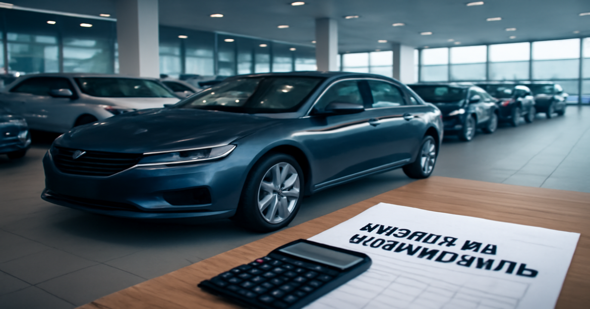 Professional image related to кредит на автомобиль, featuring a modern car dealership and financial elements.